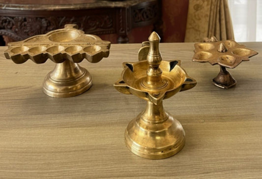 1978 Antique Brass Diya Set of 3 | Ornated Heritage Oil Lamp Collection