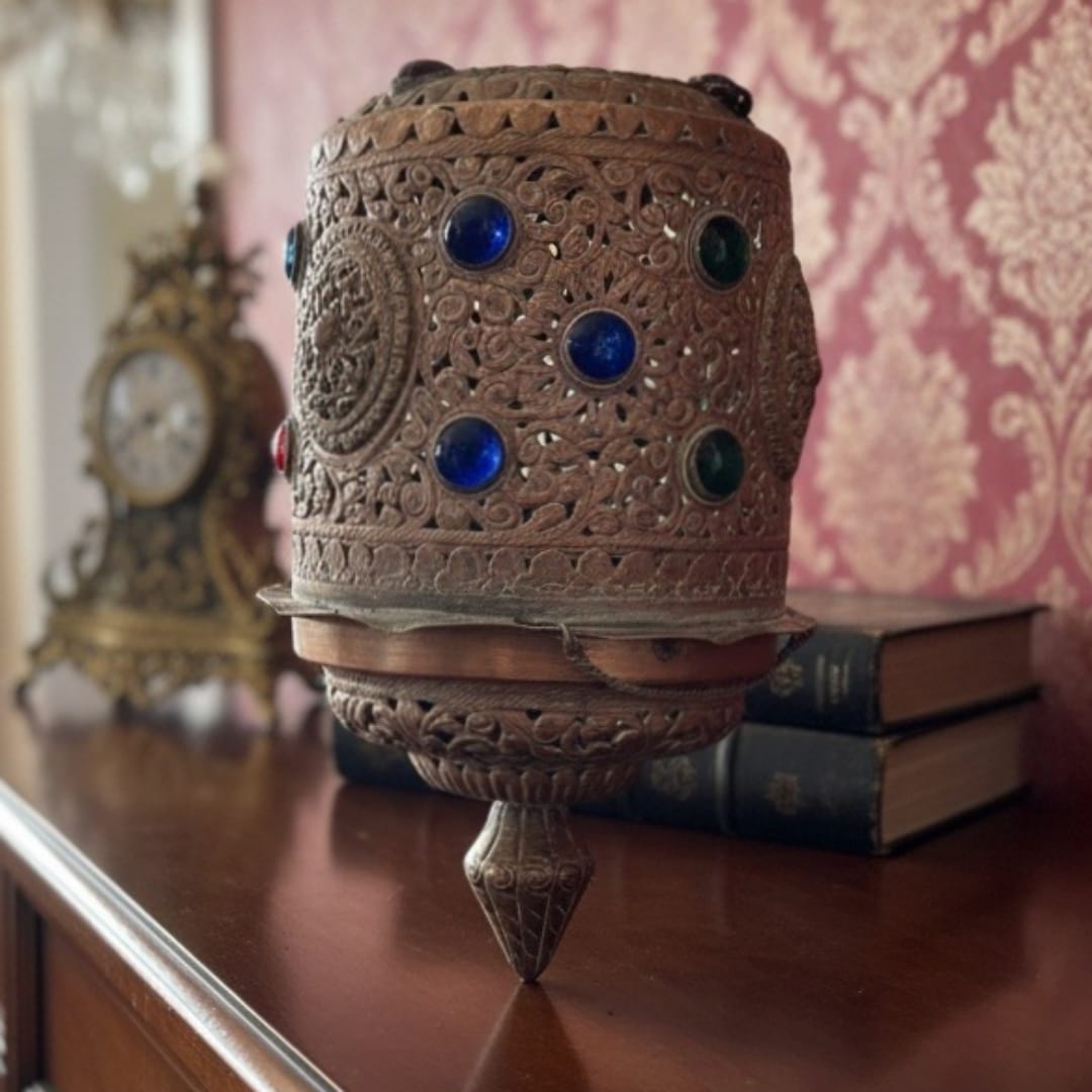 1975 Antique Brass Engraved Hanging Lamp | Traditional Indian Brass Ceiling Light
