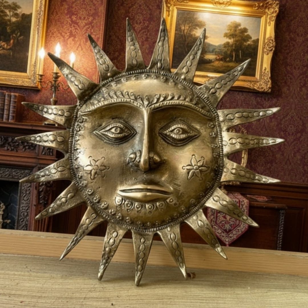 1975 Antique Brass Surya Head | Traditional Indian Sun Face Wall Hanging