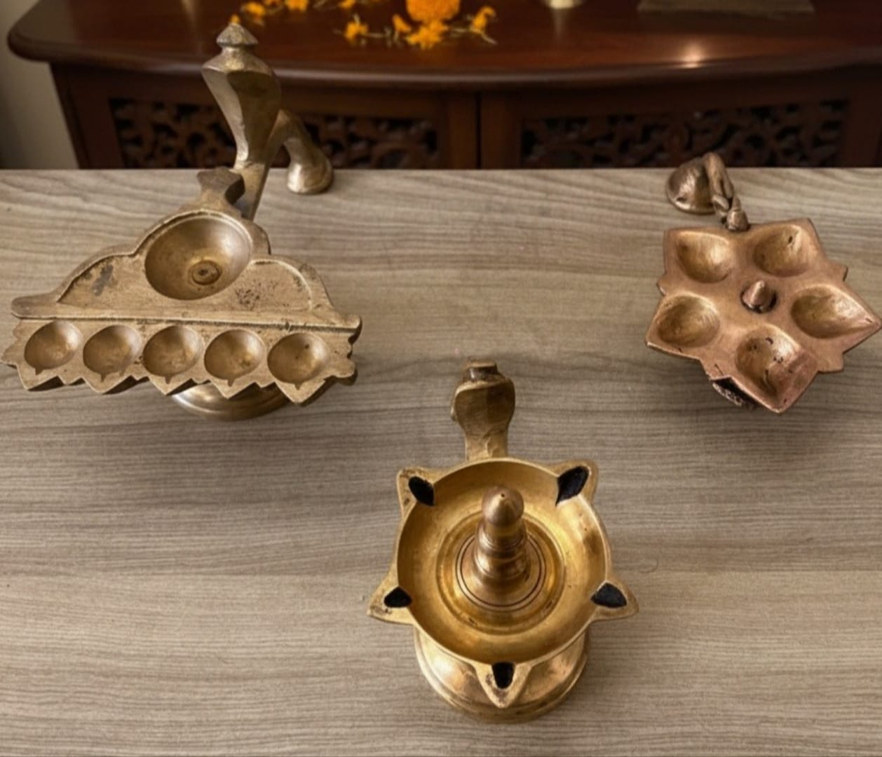 1978 Antique Brass Diya Set of 3 | Ornated Heritage Oil Lamp Collection