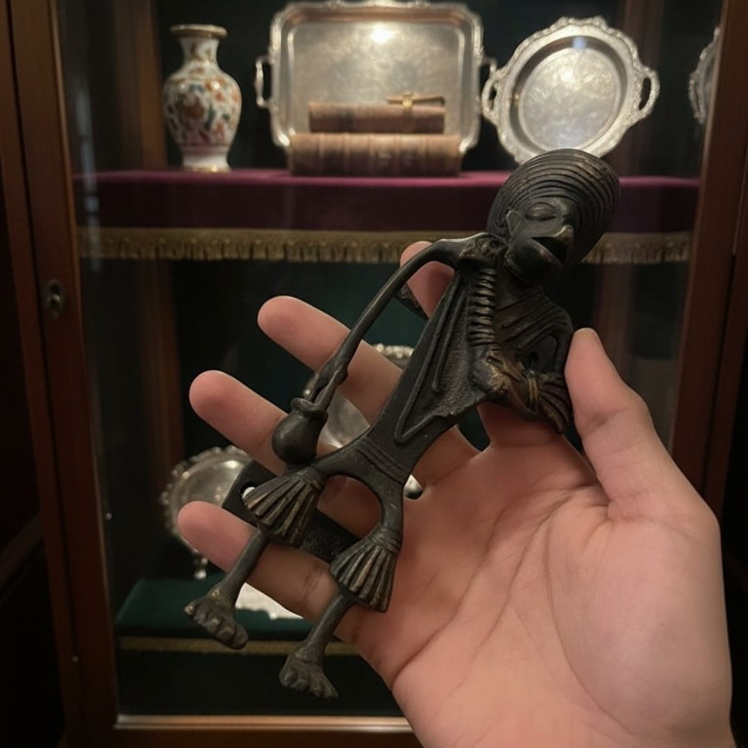 1972 Antique Brass Tribal Art Door Handle | Architectural Brass Grip Accent