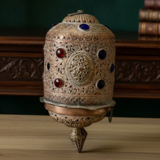 1975 Antique Brass Engraved Hanging Lamp | Traditional Indian Brass Ceiling Light