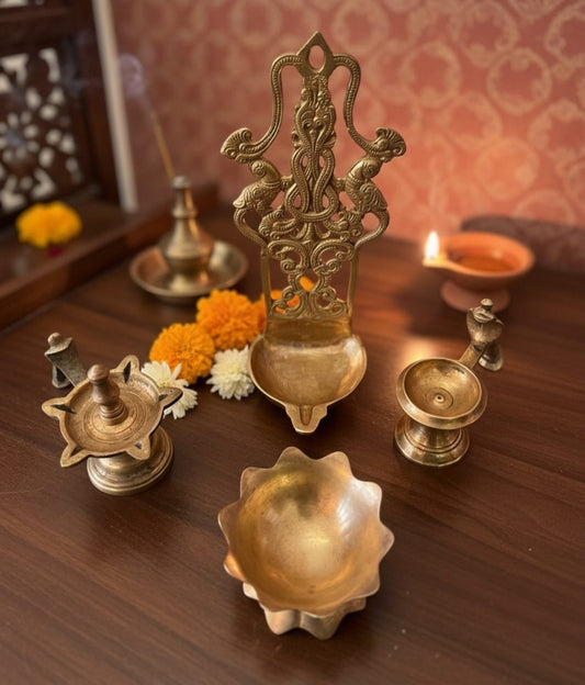 1978 Antique Brass Diya Set of 4 | Traditional Indian Oil Lamp Collection