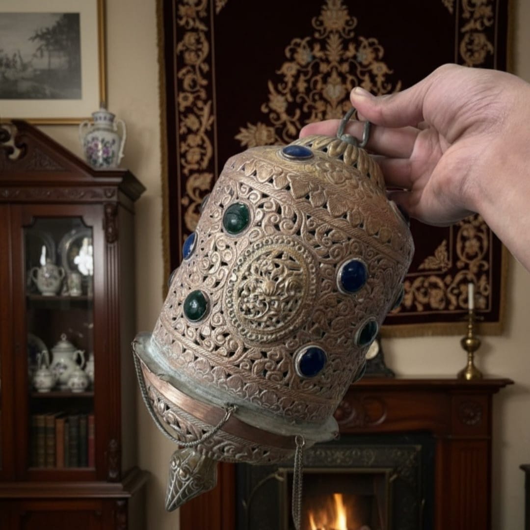 1975 Antique Brass Engraved Hanging Lamp | Traditional Indian Brass Ceiling Light