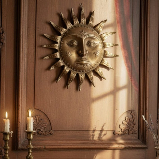 1975 Antique Brass Surya Head | Traditional Indian Sun Face Wall Hanging