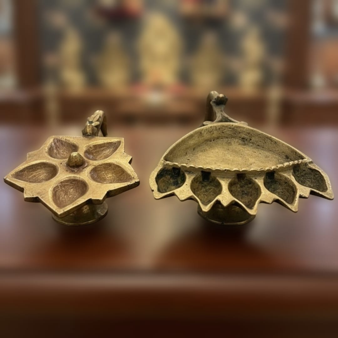 1980 Antique Brass Hand Diya Pair | Traditional Indian Oil Lamp Set
