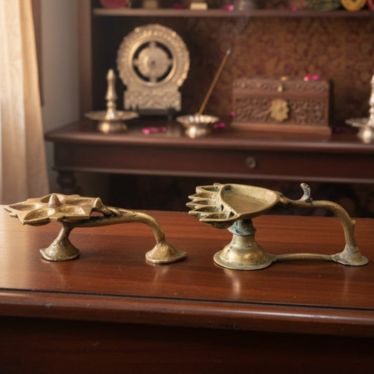 1980 Antique Brass Hand Diya Pair | Traditional Indian Oil Lamp Set