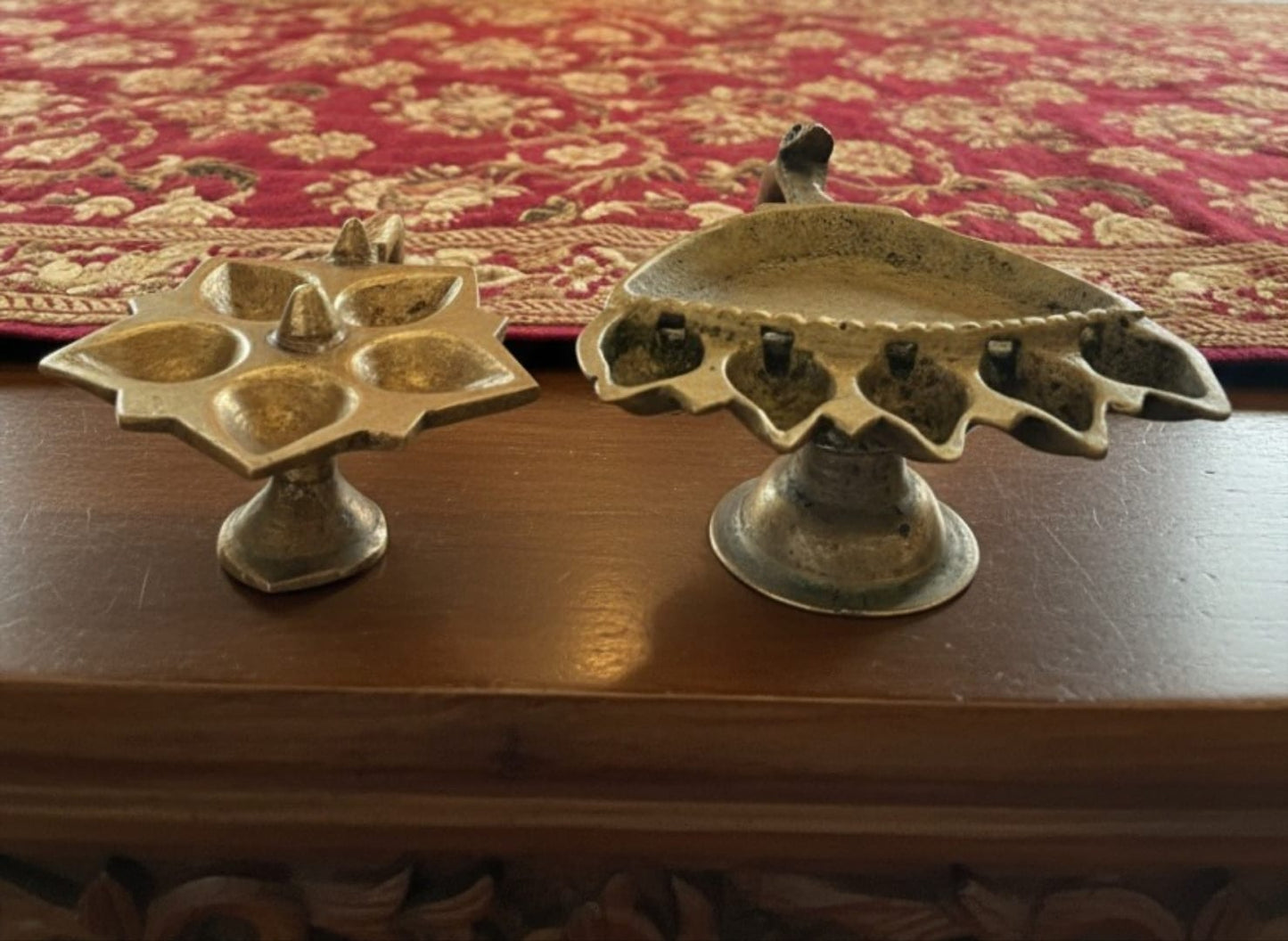 1980 Antique Brass Hand Diya Pair | Traditional Indian Oil Lamp Set