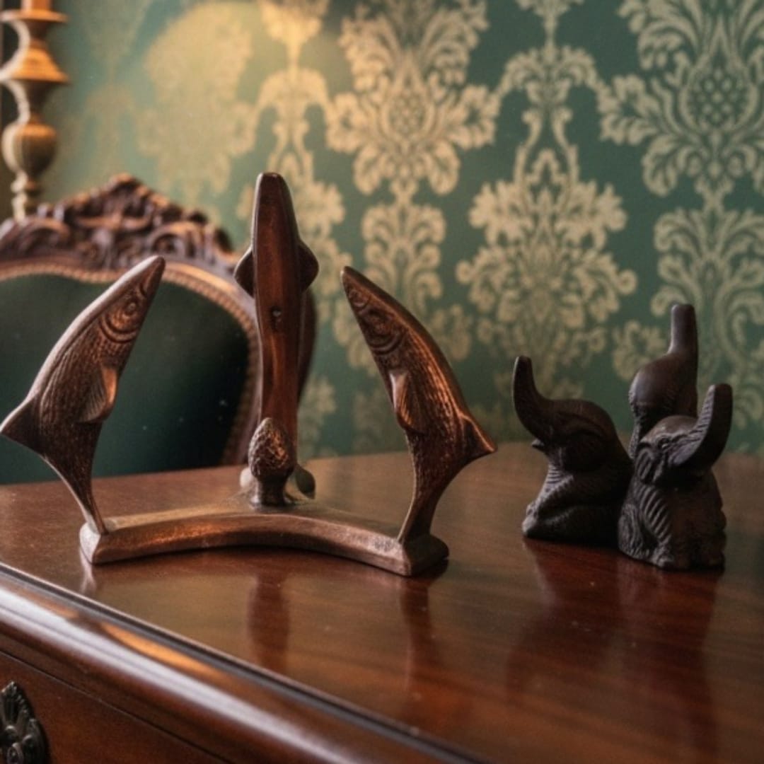 1990 Antique Brass Dolphin and Elephant Stand Pair | Traditional Indian Animal Figurine Set