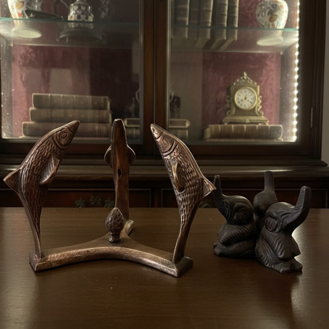 1990 Antique Brass Dolphin and Elephant Stand Pair | Traditional Indian Animal Figurine Set