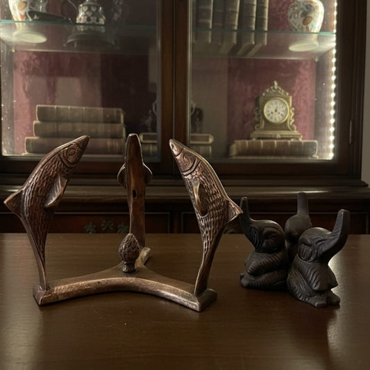 1990 Antique Brass Dolphin and Elephant Stand Pair | Traditional Indian Animal Figurine Set