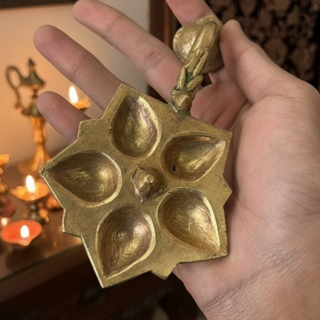 1980 Antique Brass Hand Diya Pair | Traditional Indian Oil Lamp Set