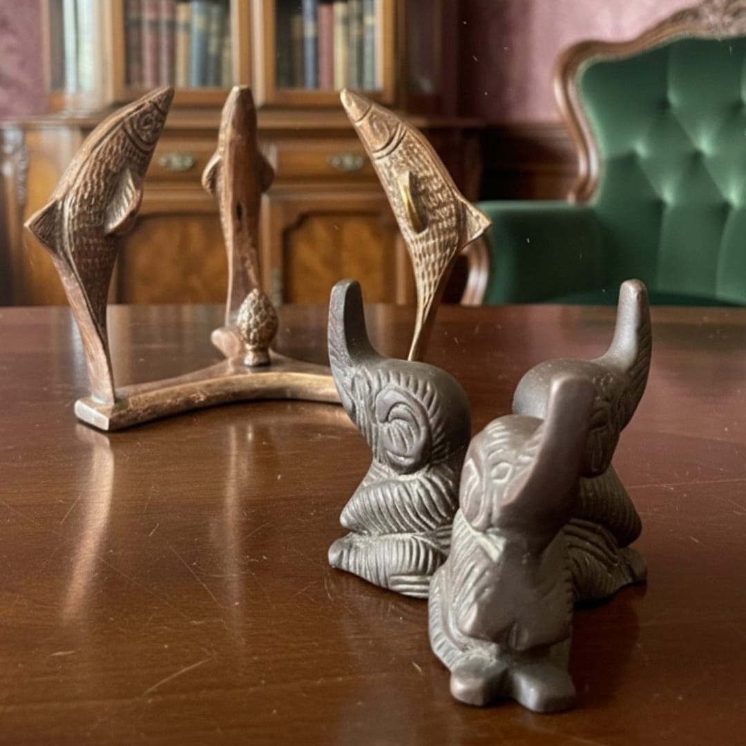 1990 Antique Brass Dolphin and Elephant Stand Pair | Traditional Indian Animal Figurine Set