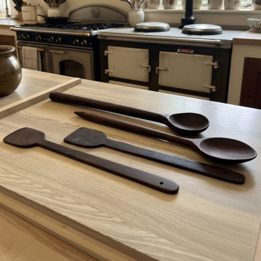 1990 Antique Rosewood Ladle Set of 4 | Traditional Indian Kitchen Utensil Collection