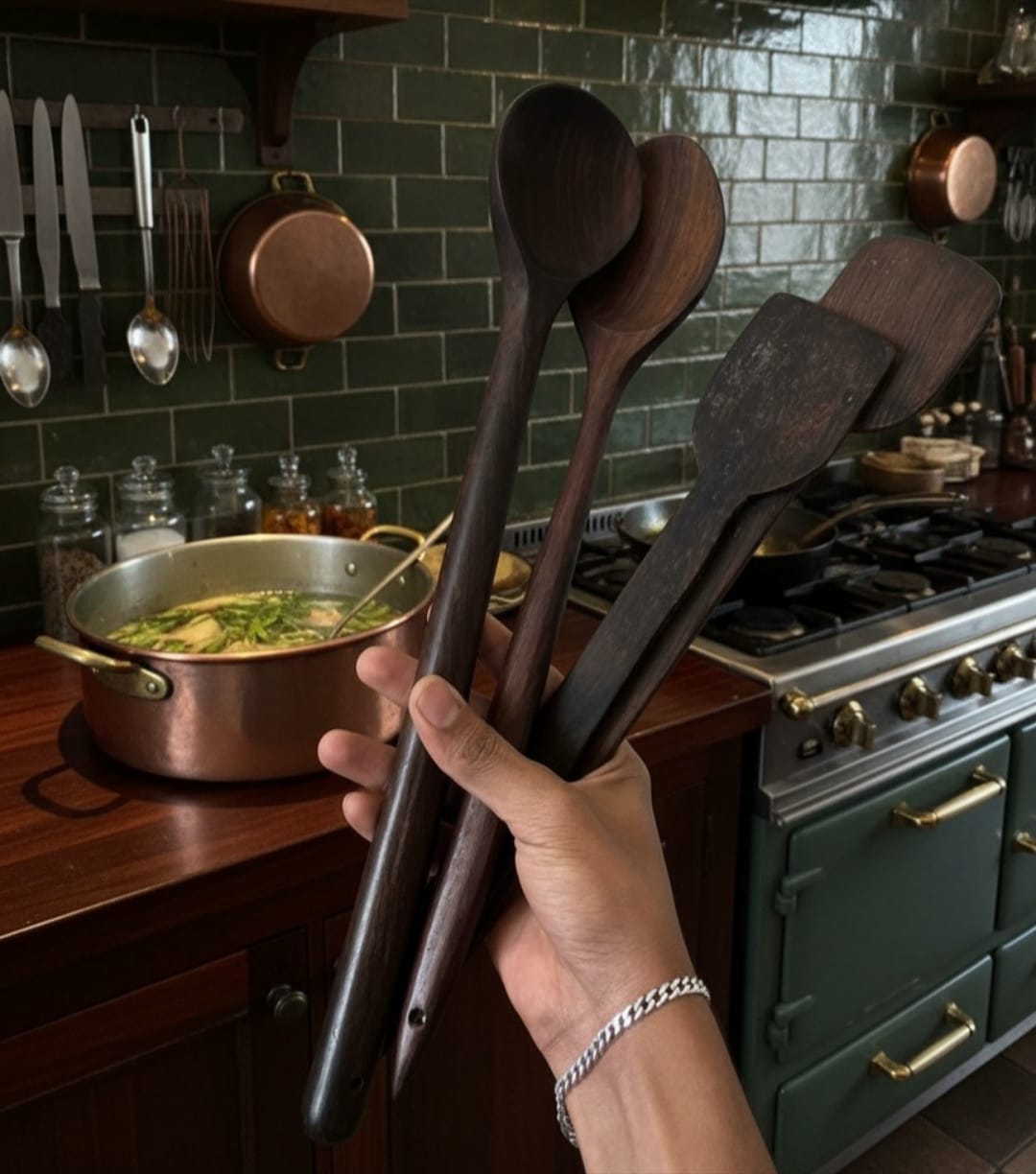 1990 Antique Rosewood Ladle Set of 4 | Traditional Indian Kitchen Utensil Collection