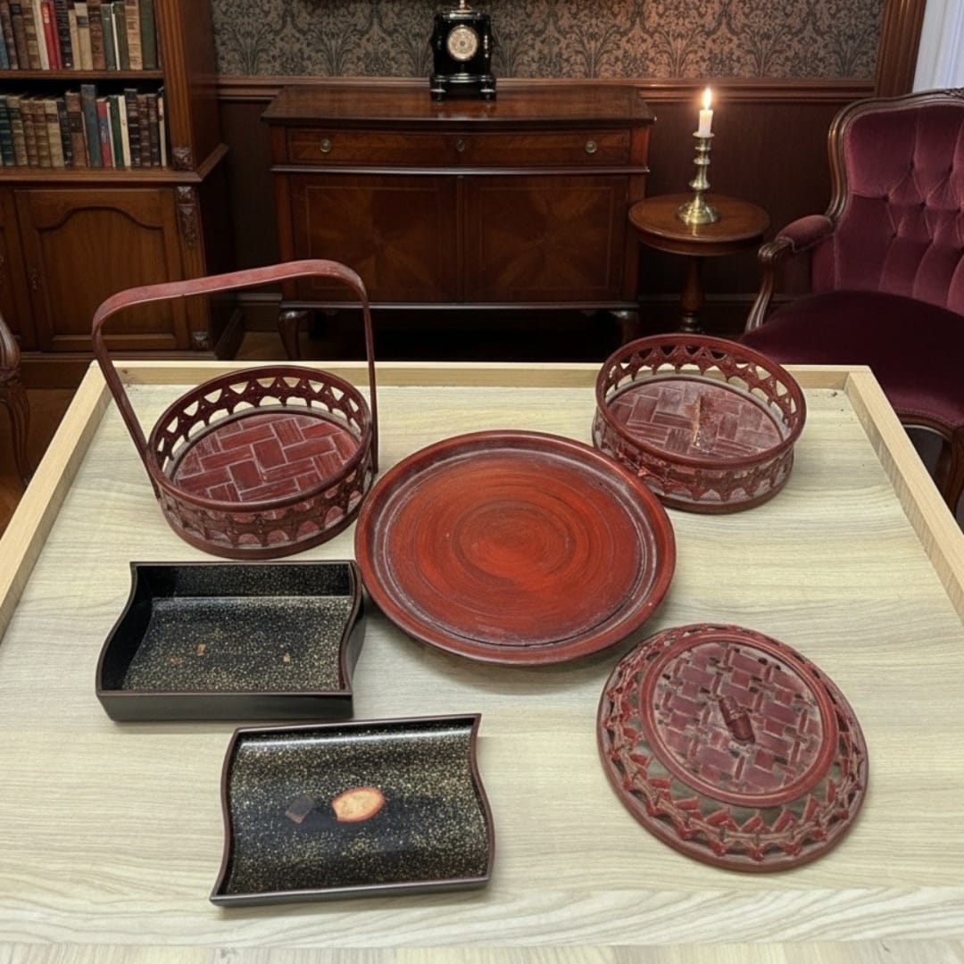 1978 Antique Chinese Fiber Crockery & Box Set | Decorative Oriental Storage Ensemble