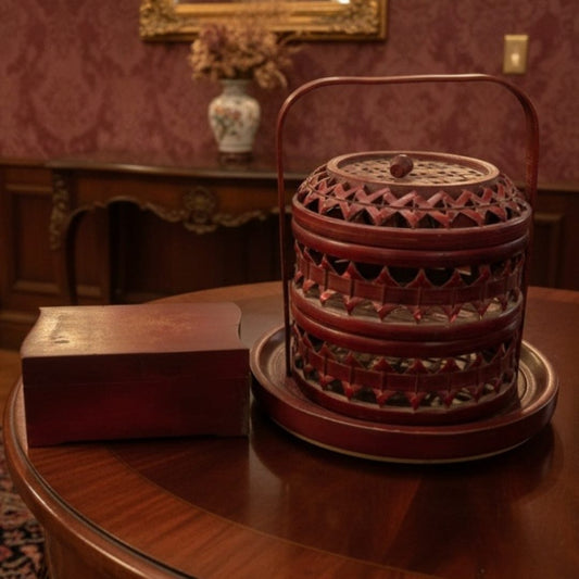 1978 Antique Chinese Fiber Crockery & Box Set | Decorative Oriental Storage Ensemble