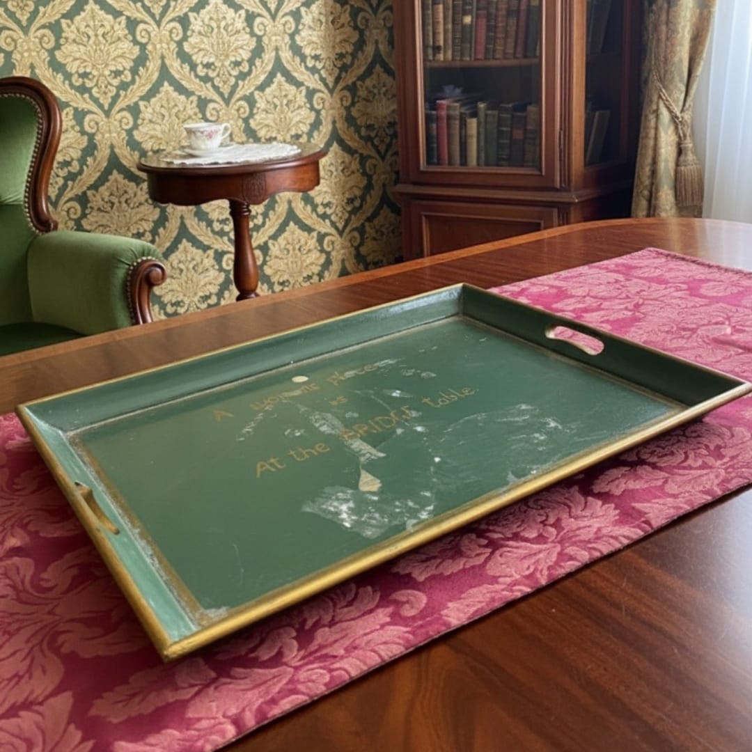 1985 English Wooden & Fibre Tray | Large Rectangular Decorative Server