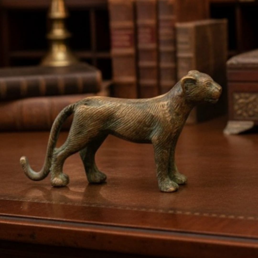 1990 Antique Brass Horse & Cheetah Pair | Small Animal Figurine Decor Set