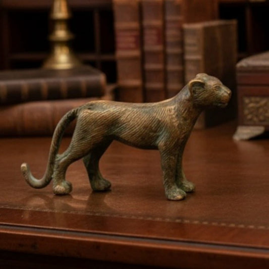 1990 Antique Brass Horse & Cheetah Pair | Small Animal Figurine Decor Set