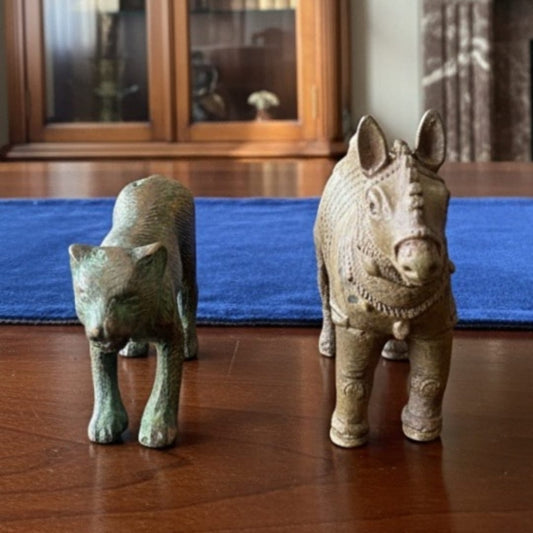 1990 Antique Brass Horse & Cheetah Pair | Small Animal Figurine Decor Set