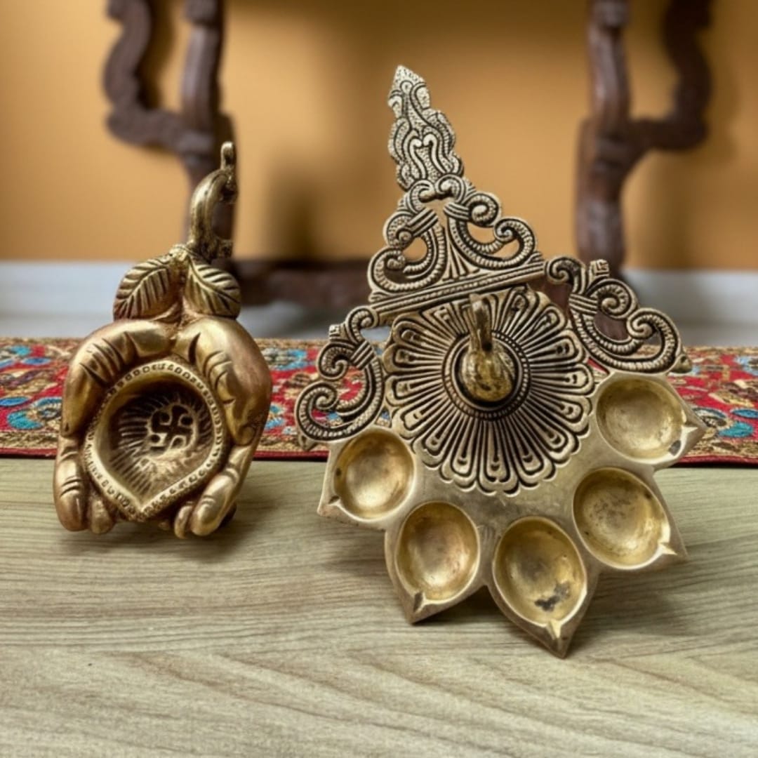 1977 Antique Brass Diya Pair | Elegant Decorative Lamps