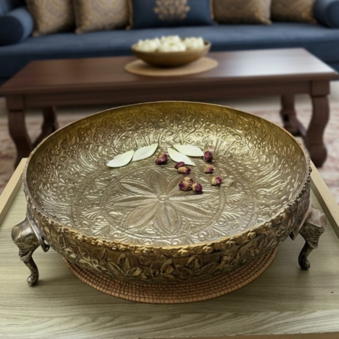 1995 Antique Brass Engraved Urli | Ornate Decorative Bowl