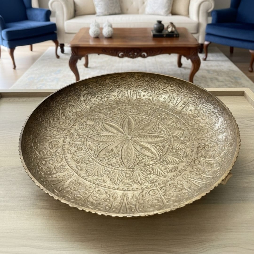 1995 Antique Brass Engraved Urli | Ornate Decorative Bowl