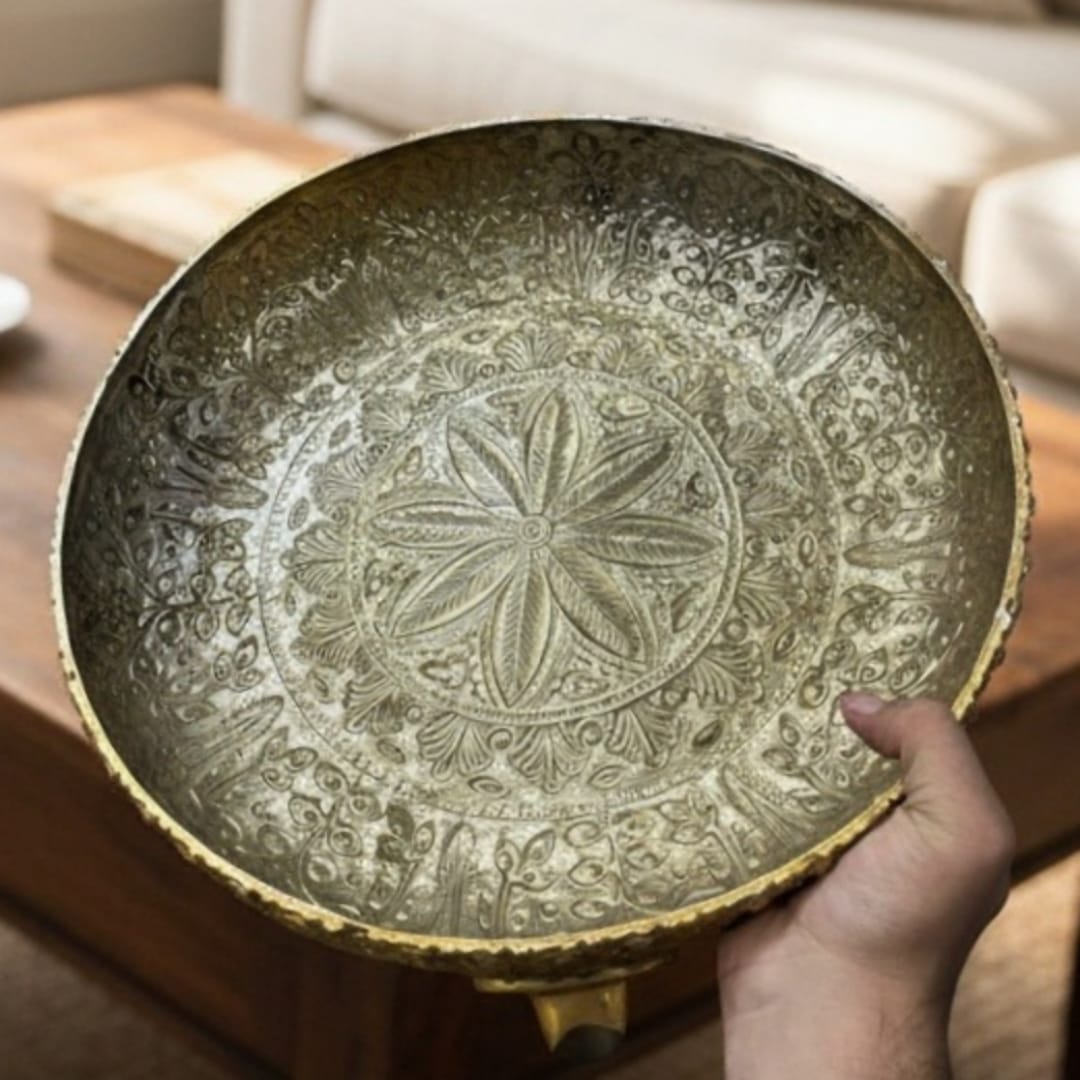 1995 Antique Brass Engraved Urli | Ornate Decorative Bowl