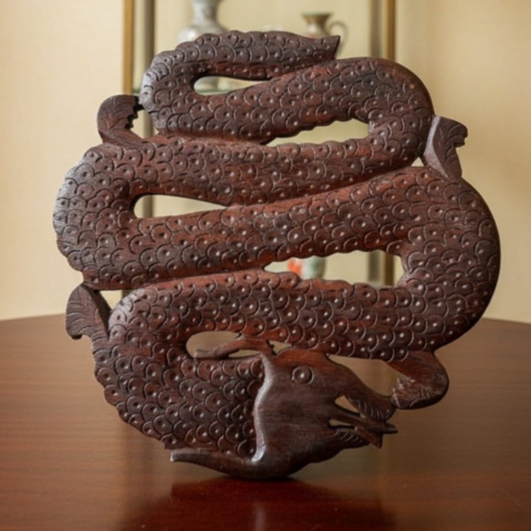 1975 Antique Teakwood Wall Hanging Dragon | Ornate Decorative Plaque