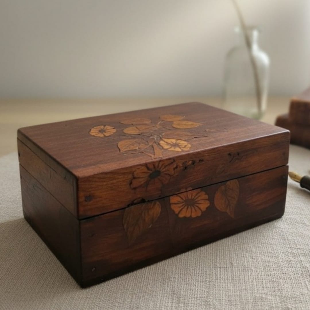 1976 Antique Rosewood Engraved Jewelry Box | Ornate Storage Case