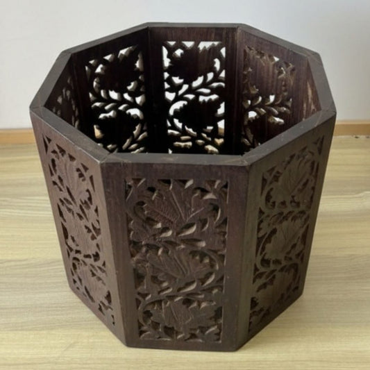 1979 Antique Teakwood Engraved Planter / Dustbin | Versatile Storage Container