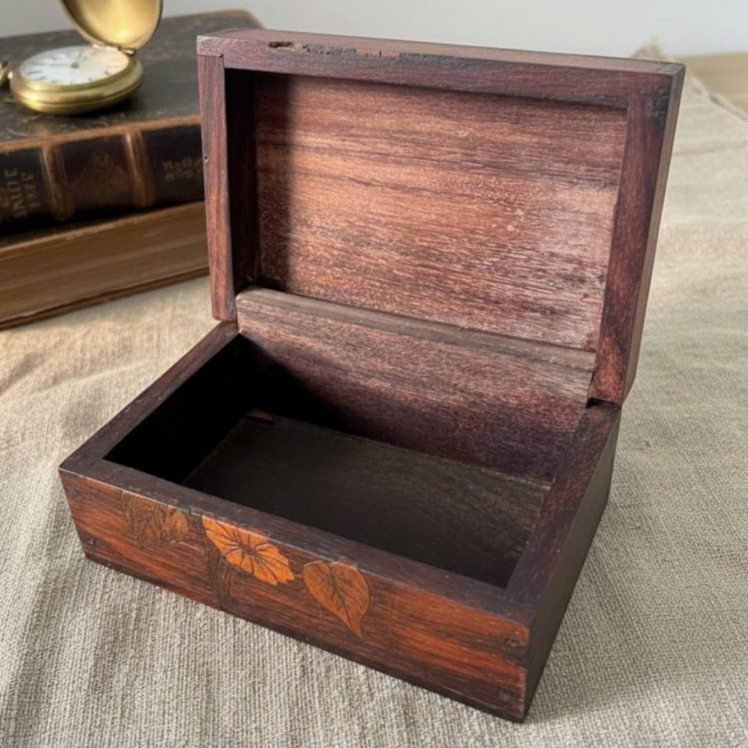 1976 Antique Rosewood Engraved Jewelry Box | Ornate Storage Case