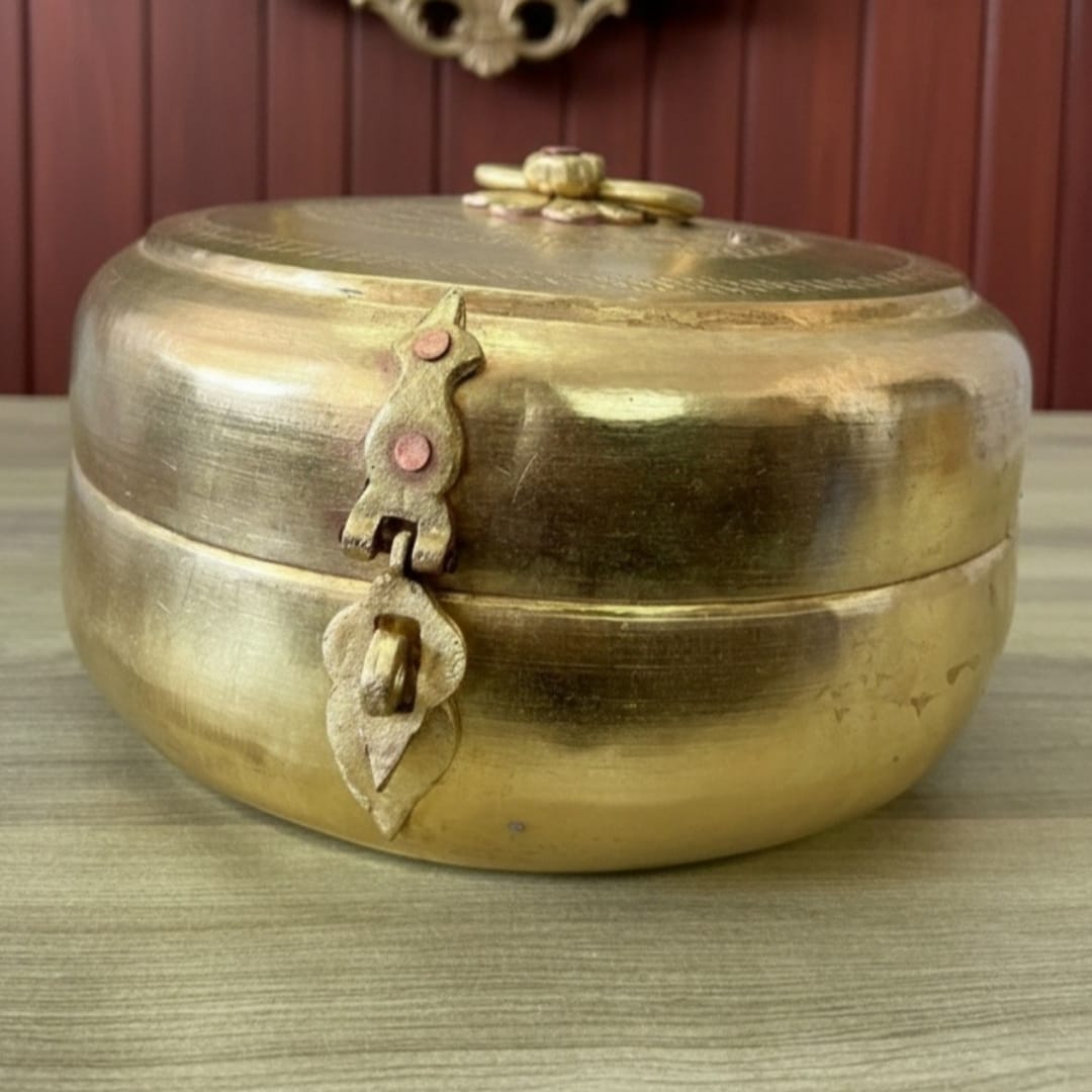 1987 Antique Brass Engraved Storage Box | Ornate Container