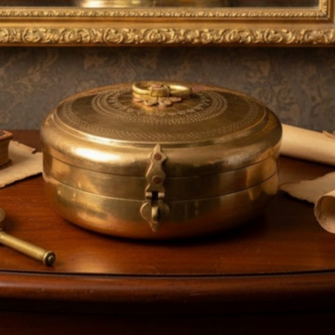 1987 Antique Brass Engraved Storage Box | Ornate Container