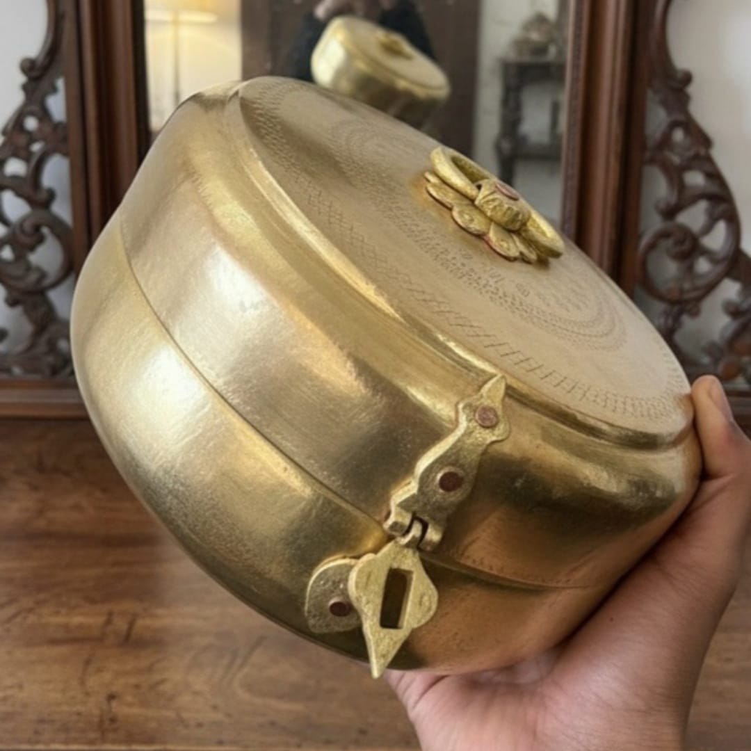 1987 Antique Brass Engraved Storage Box | Ornate Container