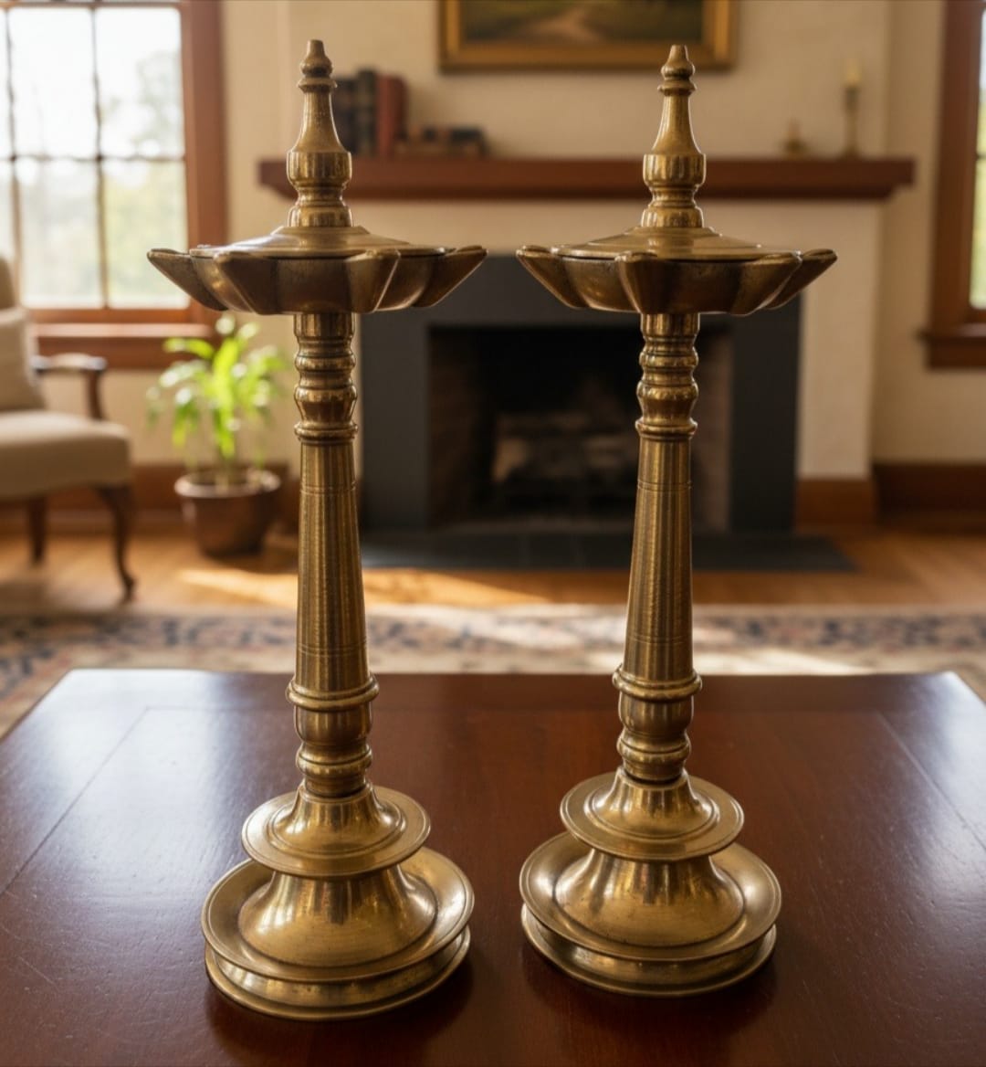 1975 Antique Brass Samay Diyas with lid in Pair | Traditional South Indian Oil Lamps
