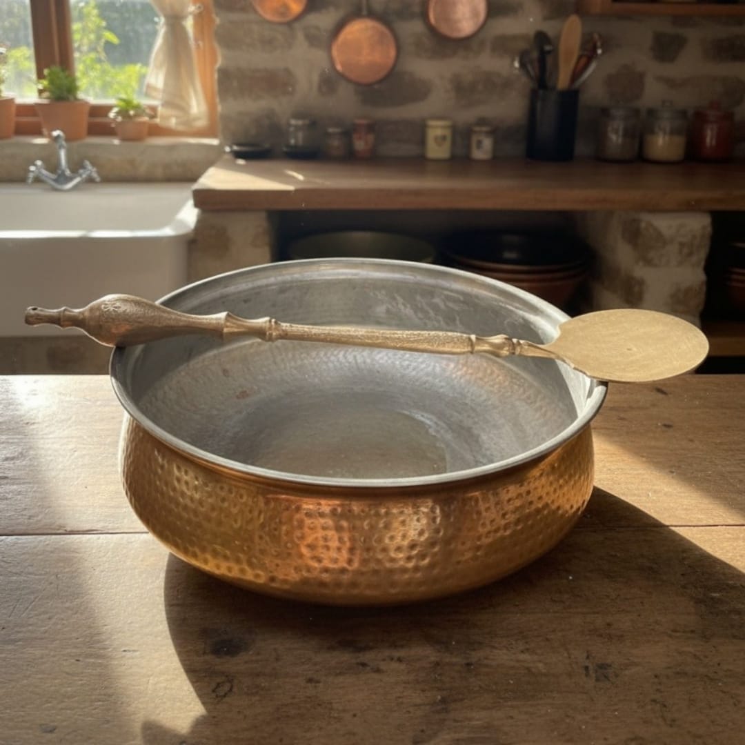 1993 Antique Brass Biryani Deg with Ladle | Elegant Brass Serving & Display Piece