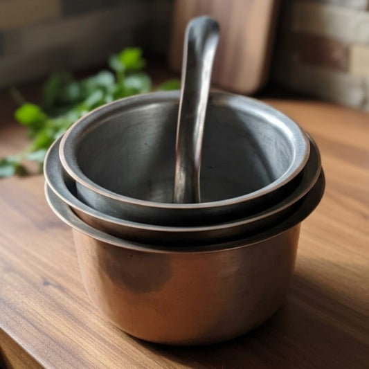 1994 Antique Brass Small Long-Shaped Cooking Bowls with Ladle (Pair) | Elegant Brass Kitchen Accents