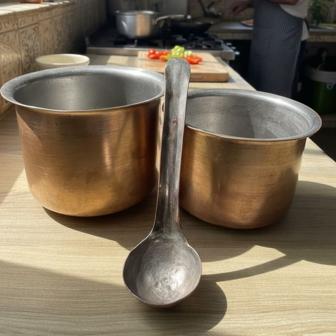 1994 Antique Brass Small Long-Shaped Cooking Bowls with Ladle (Pair) | Elegant Brass Kitchen Accents