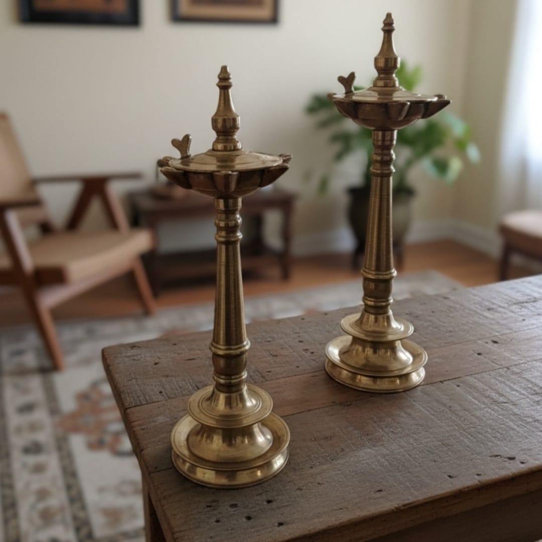 1975 Antique Brass Samay Diyas with lid in Pair | Traditional South Indian Oil Lamps