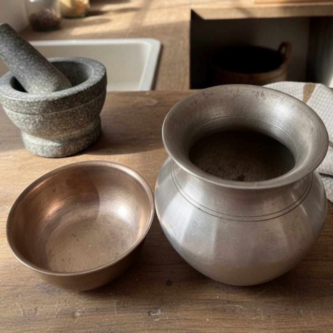 1977 Antique Bronze Kalash with Brass Pyala | Bronze & Brass Kalash Set