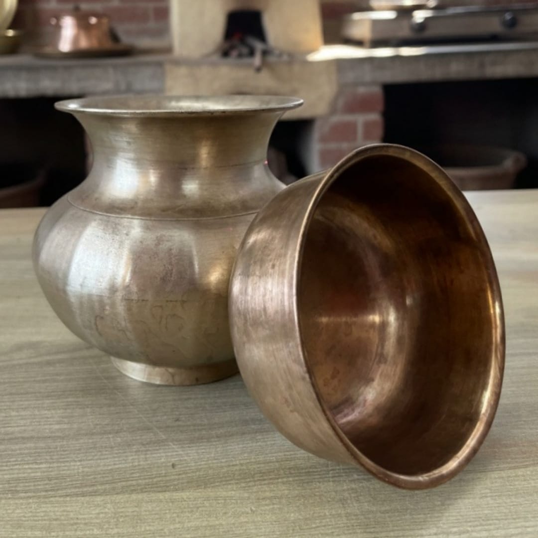 1977 Antique Bronze Kalash with Brass Pyala | Bronze & Brass Kalash Set