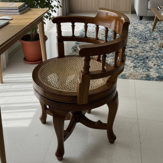 1997 Antique Teakwood Cane Seat Armchair | Wooden Rolling Chair