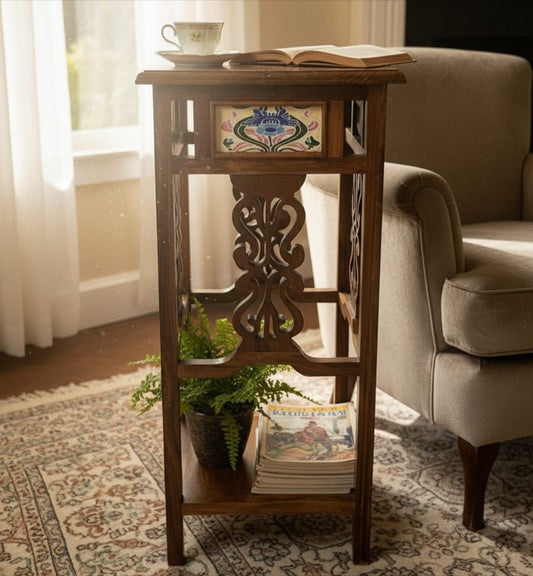 1992 Antique Teakwood Side Table with Ceramic Tile Detail | Wooden Accent Table