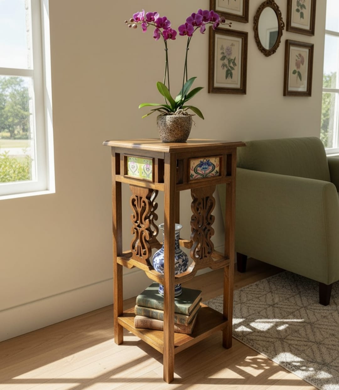 1992 Antique Teakwood Side Table with Ceramic Tile Detail | Wooden Accent Table