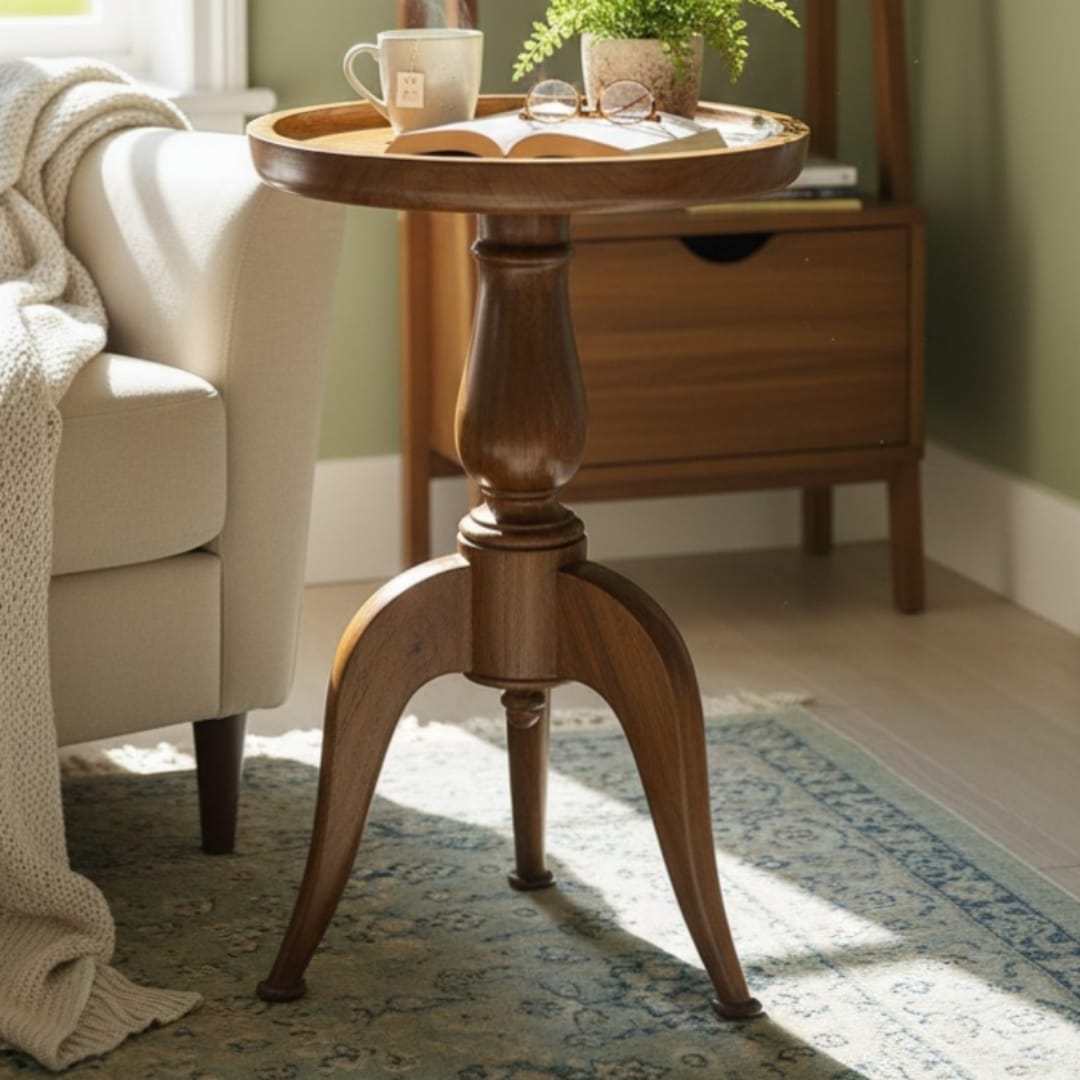 1995 Antique Teakwood Round Pedestal Table Pair | Coffee Table or Plant Stand