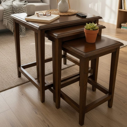 1990 Antique Teakwood Nesting Tables Set of 3 | Wooden Accent Tables
