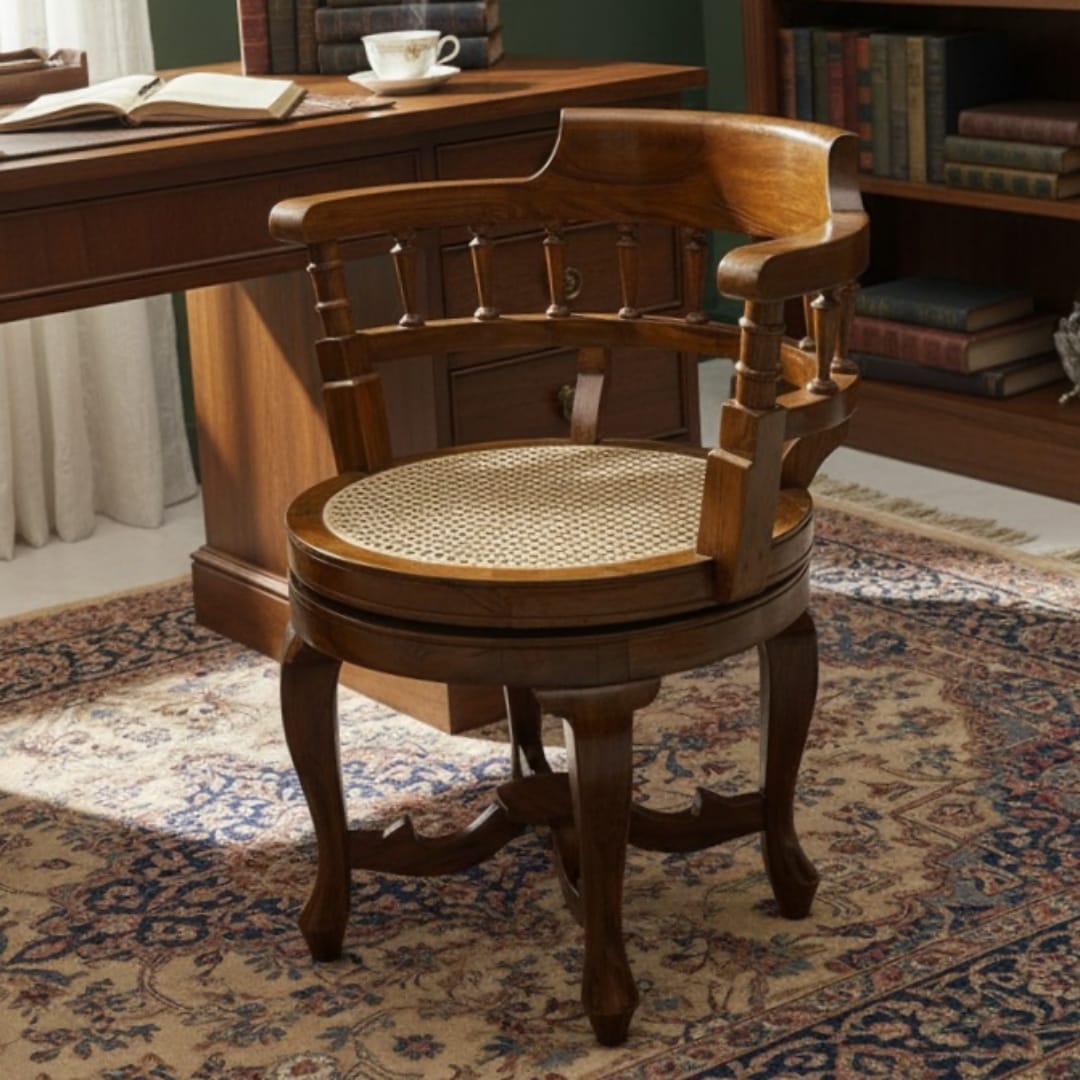 1997 Antique Teakwood Cane Seat Armchair | Wooden Rolling Chair