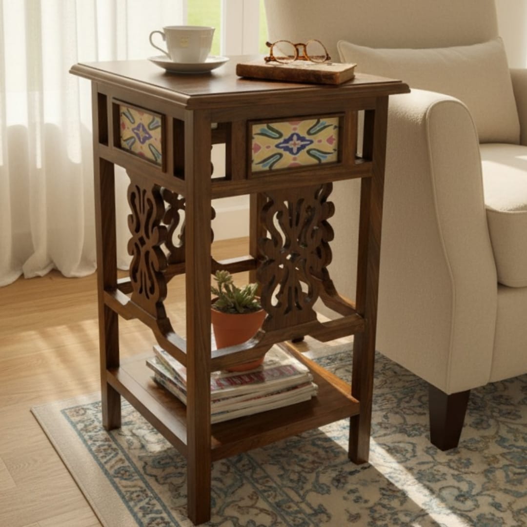 1992 Antique Teakwood Side Table with Ceramic Tile Detail | Wooden Accent Table